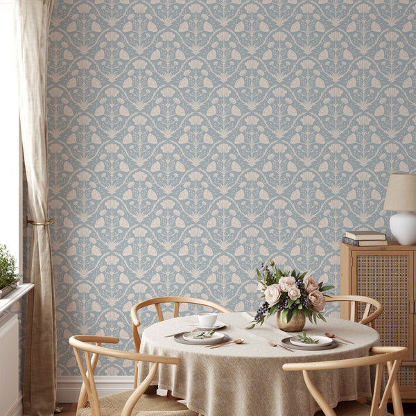 Desaturated blue and cream floral wallpaper, creating a rhythmic repeat for a living room. Self-adhesive, easy to apply, made from eco-friendly materials.