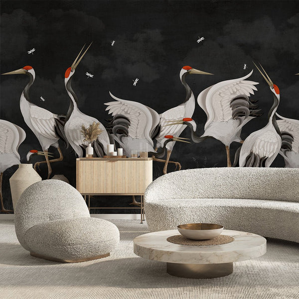 Black Japanese Cranes Wall Mural WM109 - CostaCover - Peel and stick Removable Wallpaper - accent wallpaper - adhesive wallpaper - animal print