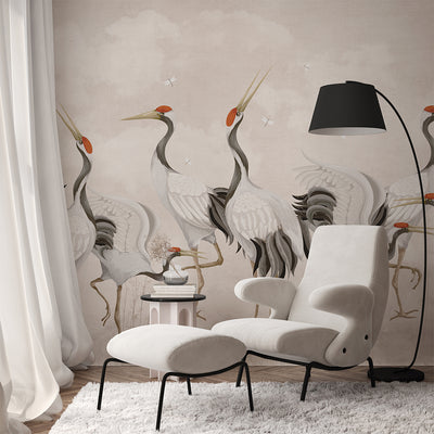 Beige Japanese Cranes Wall Mural WM107