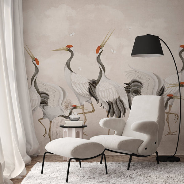 Beige Japanese Cranes Wall Mural WM107 - CostaCover - Peel and stick Removable Wallpaper - accent wallpaper - adhesive wallpaper - bathroom wallpaper