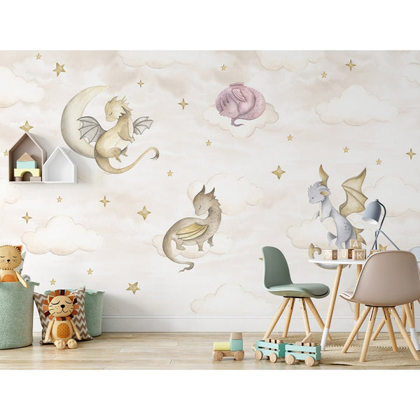 Beige Sky and Dragons Wall Mural SM033 - CostaCover - Peel and stick Removable Wallpaper - accent wallpaper - adhesive wallpaper - baby bedroom