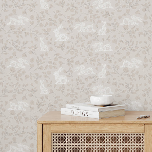 Beige Floral Bunny Wallpaper W175