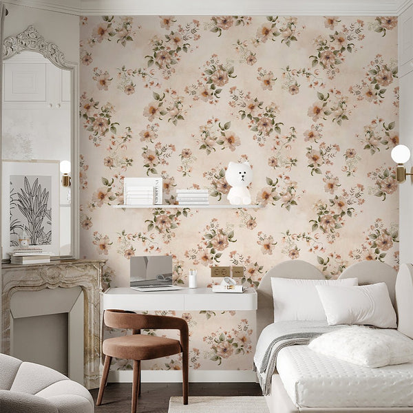 Beige Country Style Flowers Wallpaper S077 - CostaCover - Peel and stick Removable Wallpaper - abstract floral - abstract wallpaper - accent wallpaper