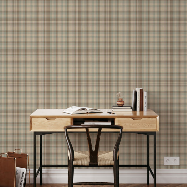 Classic neutral plaid wall covering with overlapping brown and beige stripes, muted sage green accents, and textured zigzag detailing for cottage decor.