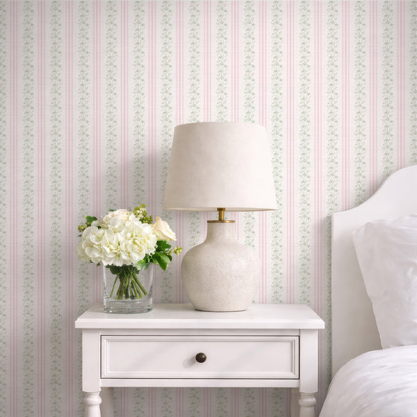 Pink Green Floral Stripe Wallpaper L131