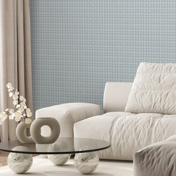 Muted blue damask wallpaper with small floral motifs and a softly textured vintage appearance, ideal for bedroom, hallway, bathroom or powder room walls.