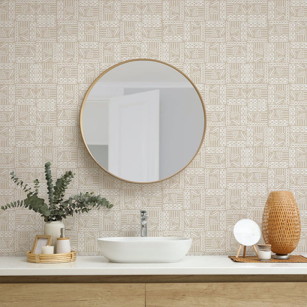 Beige African Symbols Wallpaper W165 - CostaCover - Peel and stick Removable Wallpaper - Abstract - abstract arches - Abstract Beige Gold Stripes Waves Removable Wallpaper near me