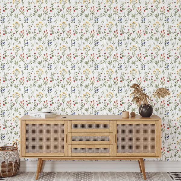 Yellow Flowers & Berries Wallpaper W075 - CostaCover - Peel and stick Removable Wallpaper - abstract wallpaper - accent wallpaper - adhesive wallpaper