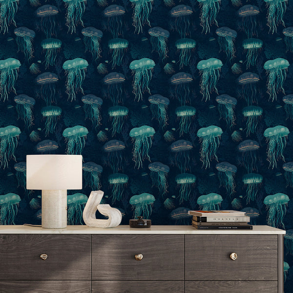 Nautical Dark Navy Jellyfish Wallpaper A110