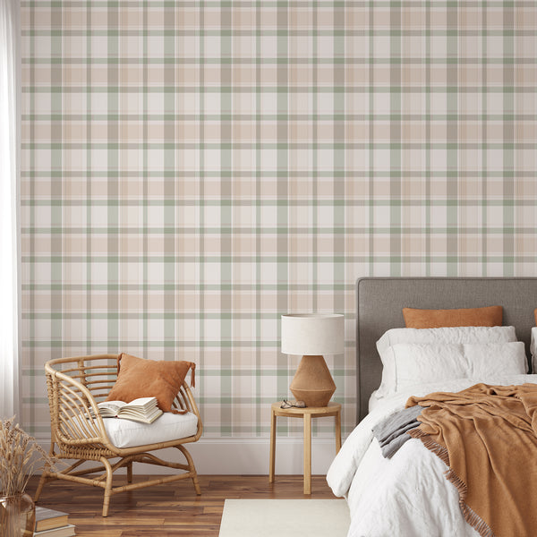 Farmhouse checkered wallpaper featuring large cream and beige squares crossed by muted sage green stripes, ideal for rustic cottage bedroom decor.