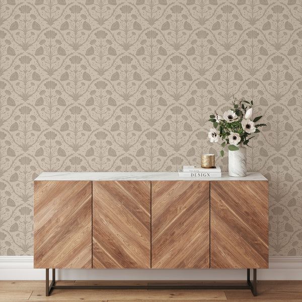 Muted taupe floral wallpaper with vertical emphasis, perfect for adding vintage charm to cottagecore or traditional interiors. This high-quality, removable wallpaper is easy to apply and reposition, ideal for those seeking a temporary decor update.