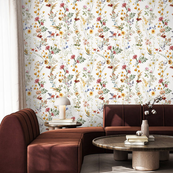 Elegant Red Yellow Wildflowers Wallpaper S074 - CostaCover - Peel and stick Removable Wallpaper - accent wallpaper - adhesive wallpaper - bathroom wallpaper