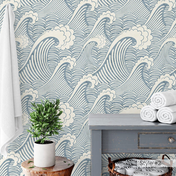 Blue Japanese Waves Wallpaper W002 - CostaCover - Peel and stick Removable Wallpaper - adhesive wallpaper - aqua blue - Aqua blue wallpaper