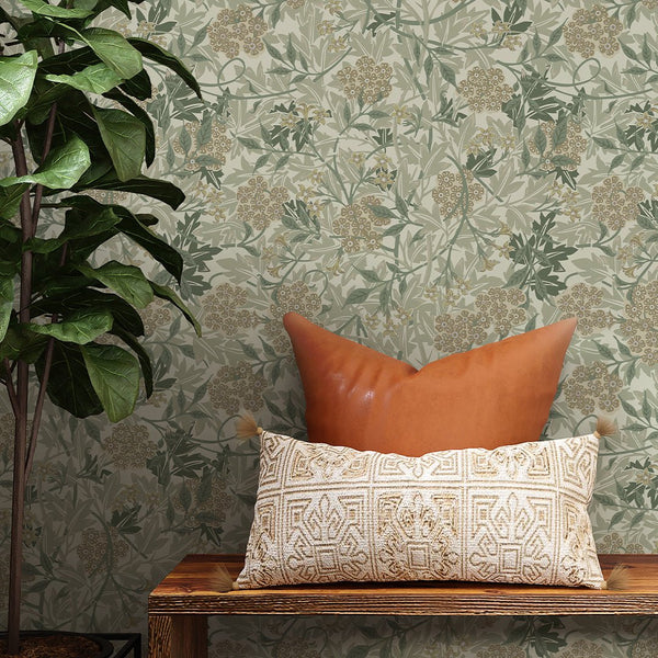 Olive Green Jasmine by Morris Wallpaper W108 - CostaCover - Peel and stick Removable Wallpaper - abstract floral - abstract wall art - abstract wallpaper