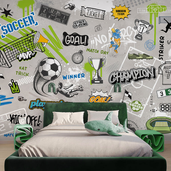 Soccer Graffiti Wall Mural featuring vibrant street-art graphics with soccer balls, players, and trophies in neon green, blue, and yellow accents. Ideal for a kids' bedroom or playroom, this removable wall mural offers an energetic, modern urban decor vibe for sports enthusiasts.
