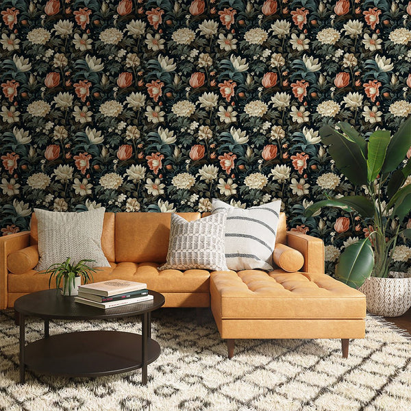 Dark Floral Botanical Wallpaper W143 - CostaCover-Peel and stick Removable Wallpaper-abstract floral-abstract wallpaper-accent wallpaper