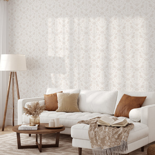 Neutral Vintage Floral design with beige motifs on an off-white ground, offering a classic and elegant touch for traditional interiors.