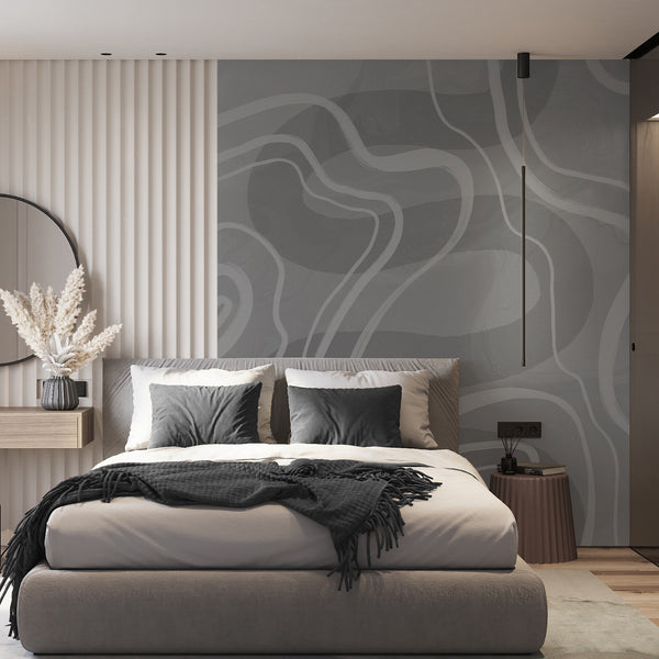 Minimalist gray wall mural featuring flowing white lines and layered neutral shades with subtle texture for a sophisticated bedroom accent wall.