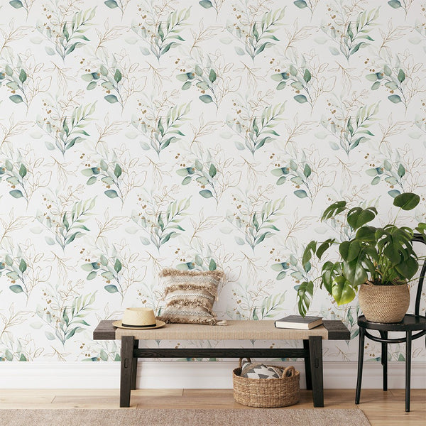 Green Eucalyptus Leaves Wallpaper CC228 - CostaCover - Peel and stick Removable Wallpaper - accent wallpaper - adhesive wallpaper - bathroom wallpaper