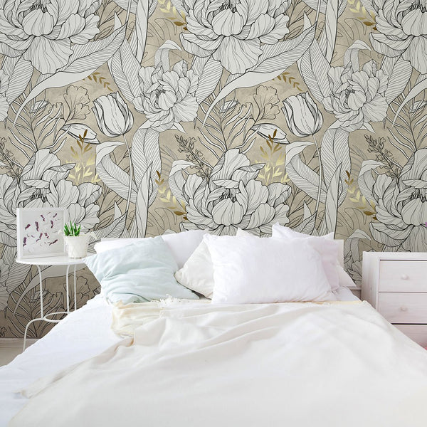Beige, Black & Gold Flowers Wall Mural CCM158 - CostaCover - Peel and stick Removable Wallpaper - abstract wallpaper - accent wallpaper - adhesive wallpaper