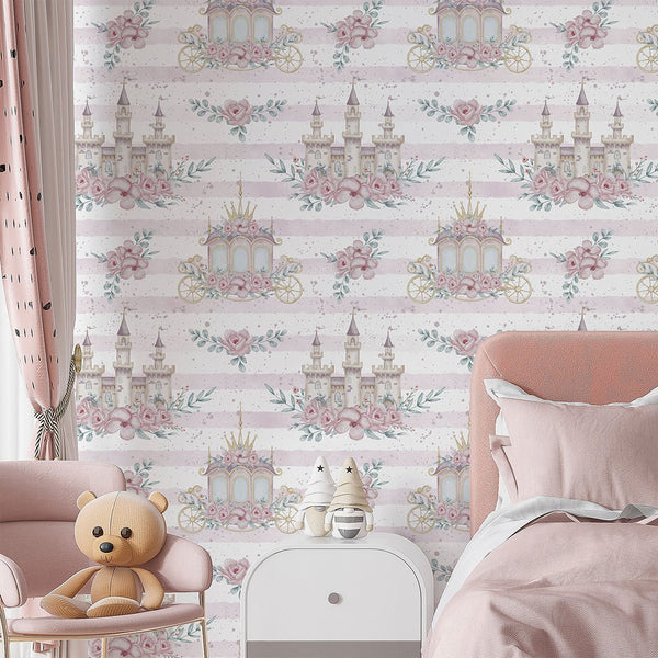 Pink Kingdom & Stripes Wallpaper A042 - CostaCover-Peel and stick Removable Wallpaper-accent wallpaper-adhesive wallpaper-baby bedroom