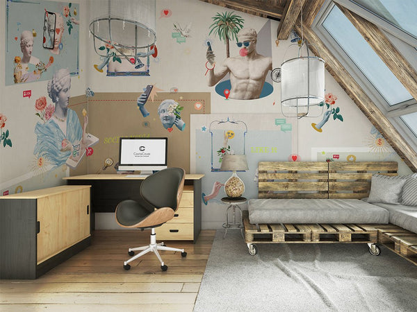 Social Media with Greek Statues Wall Mural CCM153 - CostaCover - Peel and stick Removable Wallpaper - Abstract - abstract mural - abstract wallpaper