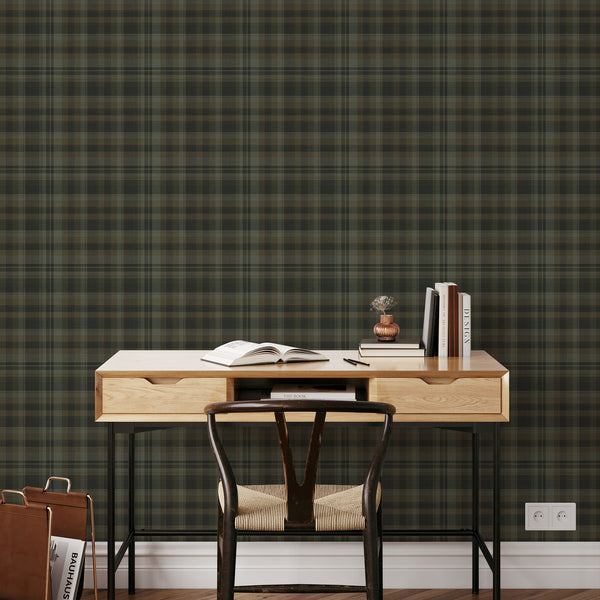 Rustic dark green tartan wallpaper with intersecting vertical and horizontal stripes and a subtle woven effect for a cozy cabin-inspired living room.