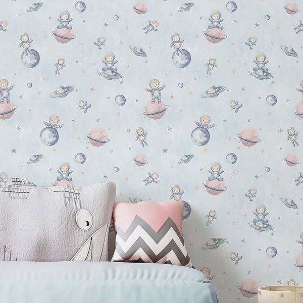Pastel Blue Astronauts & Planets Wallpaper S124 - CostaCover-Peel and stick Removable Wallpaper-accent wallpaper-adhesive wallpaper-baby bedroom