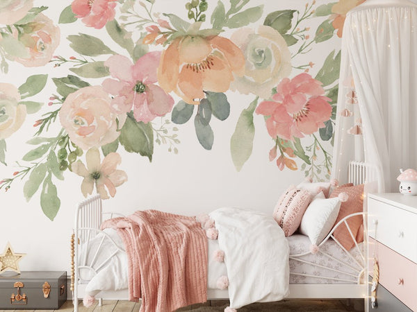 Pink Orange & Green Flowers Wall Mural WM005 - CostaCover - Peel and stick Removable Wallpaper - adhesive wallpaper - bedroom wallpaper - botanical