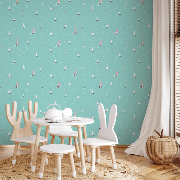 Tiny Turquoise Sailboats Wallpaper A084 - CostaCover-Peel and stick Removable Wallpaper-abstract wall art-abstract wallpaper