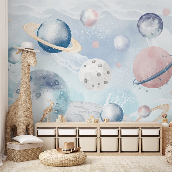 Blue Pink Planets in Space Wall Mural SM098 - CostaCover - Peel and stick Removable Wallpaper - accent wallpaper - adhesive wallpaper - baby bedroom