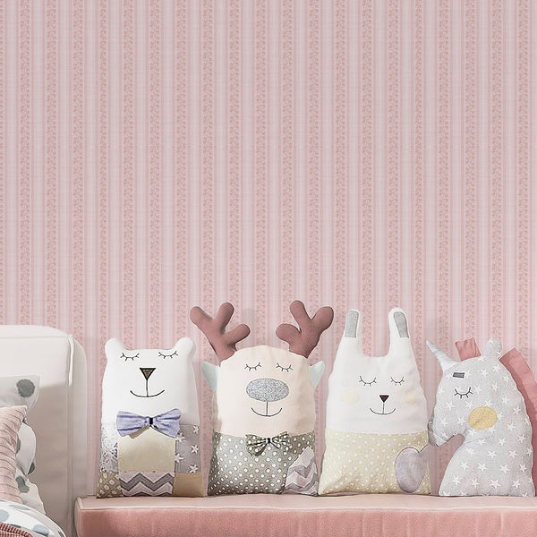 Pink striped wallpaper featuring delicate flower stems, decorative wavy borders, and a soft vintage-inspired background for bedroom accent walls.