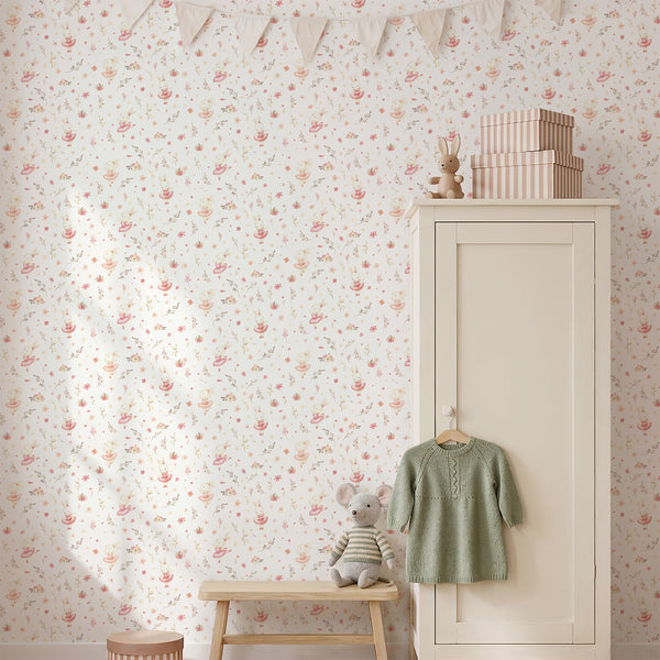Baby girl wallpaper with a watercolor bunny in a pink ballet dress, scattered blush flowers, warm beige leaves, and airy white background.