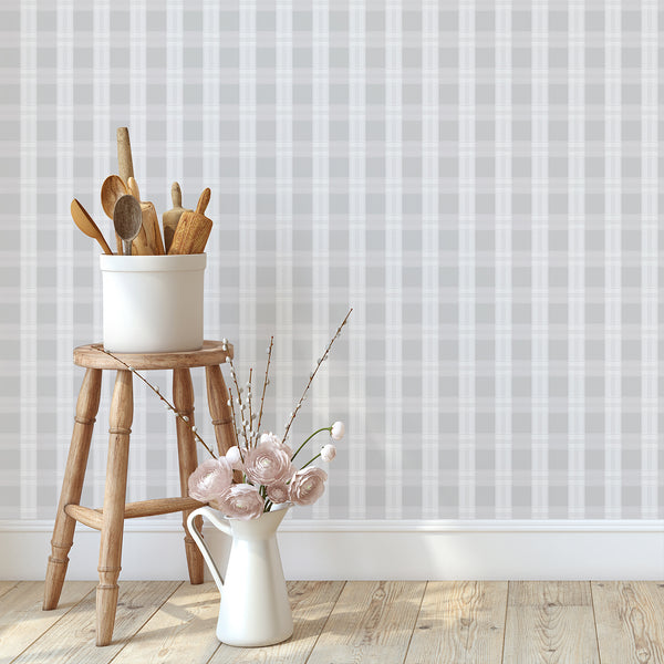Minimalist gray wallpaper featuring a large-scale check pattern with subtle white lines for modern farmhouse bedrooms, offices, and neutral interiors.