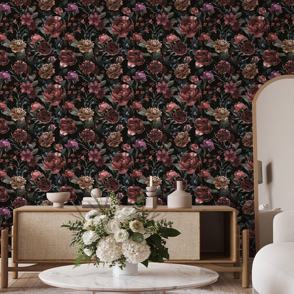 Dark Vintage Flowers Wallpaper S063 - CostaCover - Peel and stick Removable Wallpaper - accent wallpaper - adhesive wallpaper - bathroom wallpaper