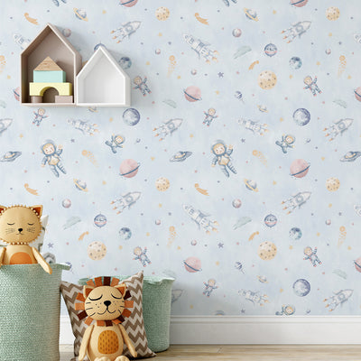 Pastel Blue Astronauts & Rockets Wallpaper S122