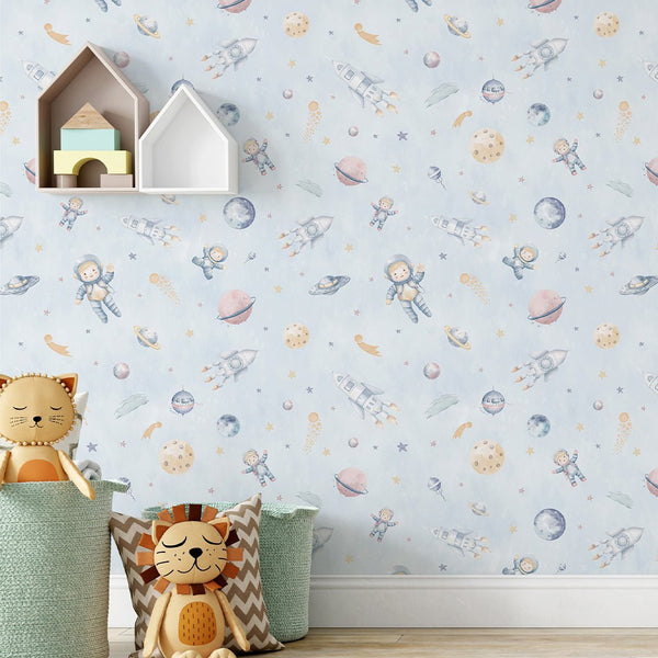 Pastel Blue Astronauts & Rockets Wallpaper S122 - CostaCover-Peel and stick Removable Wallpaper-accent wallpaper-adhesive wallpaper-baby bedroom