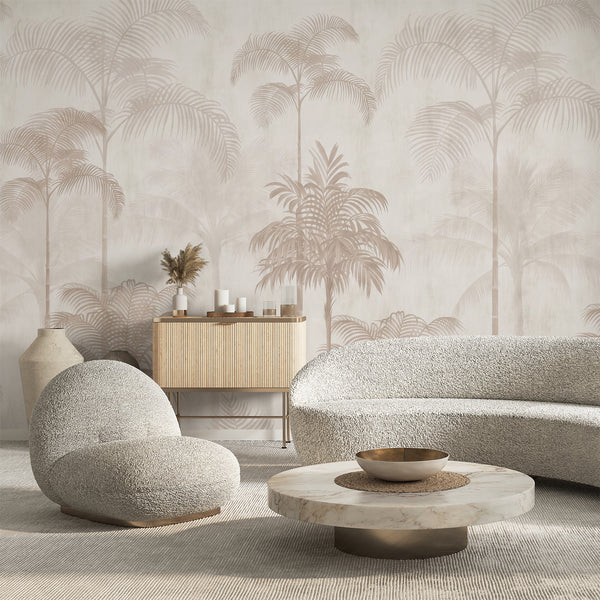 Soft beige palm tree wallpaper featuring an airy tropical landscape with tall palms and delicate botanical leaves for modern neutral home decor.