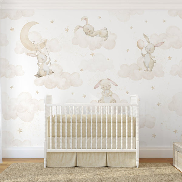 Beige Bunny on Clouds Wall Mural SM068 - CostaCover - Peel and stick Removable Wallpaper - Abstract - abstract wall art - abstract wallpaper