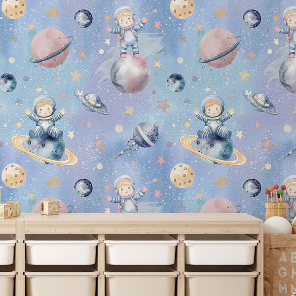 Blue Astronauts & Planets Wallpaper S117 - CostaCover-Peel and stick Removable Wallpaper-accent wallpaper-adhesive wallpaper-bathroom wallpaper