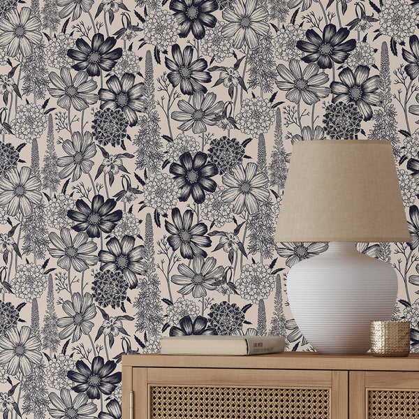 Beige Black Wild Flowers Wallpaper W139 - CostaCover - Peel and stick Removable Wallpaper - Abstract - abstract floral - abstract lines