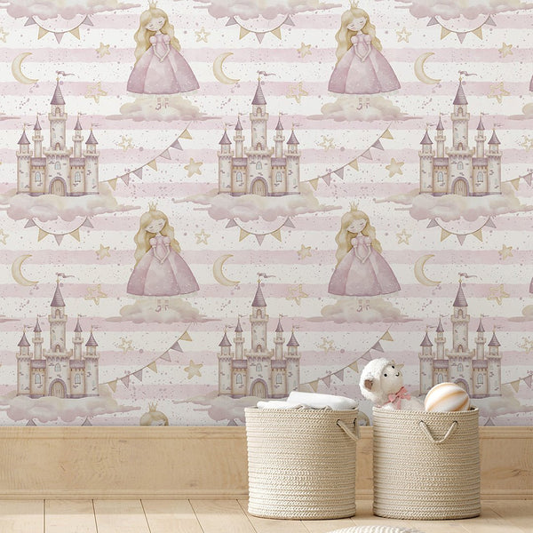 Princess Castle & Stripe Wallpaper A041 - CostaCover-Peel and stick Removable Wallpaper-accent wallpaper-adhesive wallpaper-baby bedroom