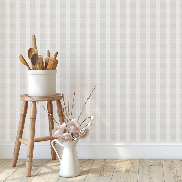 Minimalist beige wallpaper featuring a large-scale check pattern with subtle ivory stripes for modern farmhouse and neutral interior decor.
