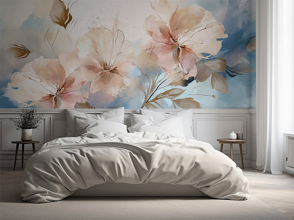 Beige & Blue Painting Flowers Wall Mural CCM154 - CostaCover - Peel and stick Removable Wallpaper - accent wallpaper - adhesive wallpaper - bathroom wallpaper