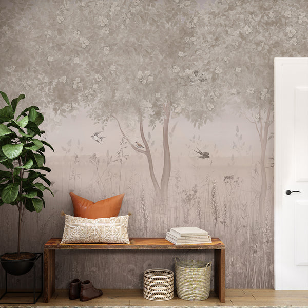 Nature wall mural with beige woodland trees, delicate white flowers, flying birds and layered meadow grasses for a serene bedroom interior.