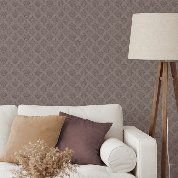 Decorative taupe floral wallpaper with rhythmic diamond pattern, perfect for accent walls in hallways or living rooms. The lightly distressed taupe tones provide a serene backdrop for traditional or modern spaces, while the wallpaper’s removable nature makes it renter-friendly.