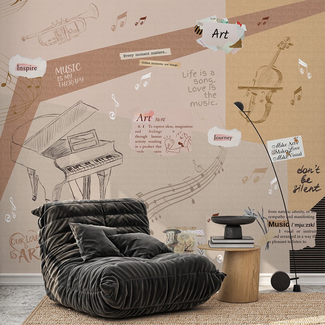 Beige Music Wall Mural with musical collage graphics