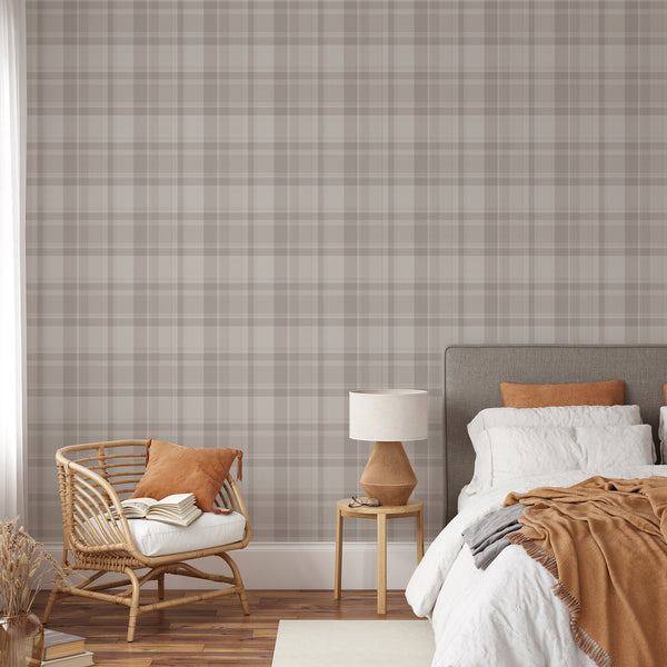 Farmhouse checkered wallpaper featuring large beige squares crossed by muted taupe and gray stripes, ideal for rustic cottage bedroom interiors.