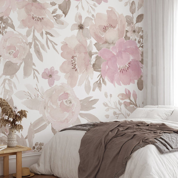 Beige Pink Flowers Wall Mural WM004 - CostaCover - Peel and stick Removable Wallpaper - adhesive wallpaper - bedroom wallpaper - best peel and stick wallpaper