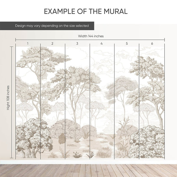 Detail of Vintage Forest Wall Mural with layered groups of tree trunks and dense shrub masses. The neutral palette suits living rooms, providing a high-quality removable option made in the USA.